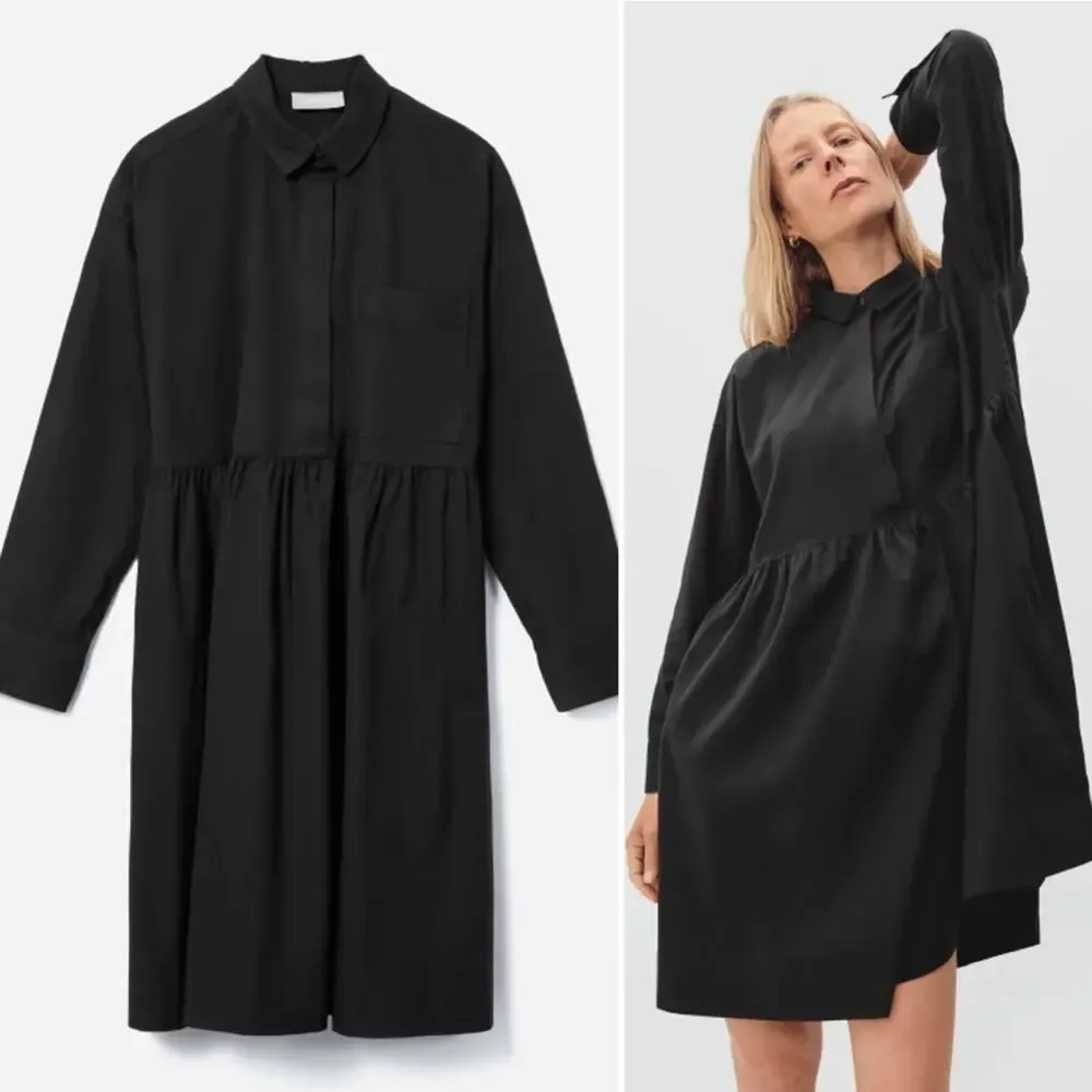 EVERLANE The Field Dress in Black Mini Long Sleeve Pockets Button Front Sm NEW